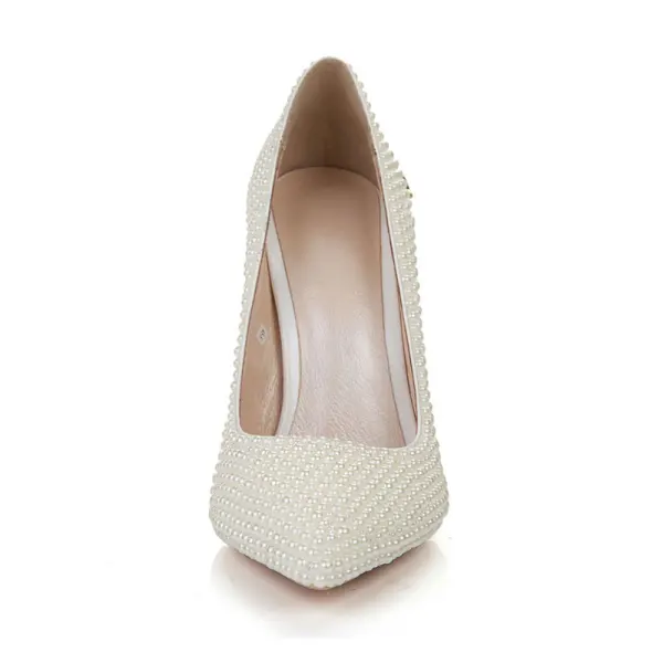 Mode Ivoire Perle Chaussure De Mariée 2020 Cuir 11 cm Talons Aiguilles À Bout Pointu Mariage Escarpins