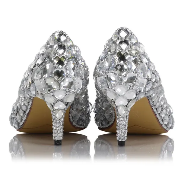 Chic / Beautiful Silver Rhinestone Wedding Shoes 2020 Leather 6 cm Stiletto Heels Pointed Toe Wedding Pumps