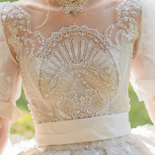 Luxury / Gorgeous Vintage / Retro Medieval Handmade  Beading Ivory Wedding Dresses 2021 Ball Gown Scoop Neck Long Sleeve Sash Bow Lace Flower Pearl Rhinestone Royal Train Wedding