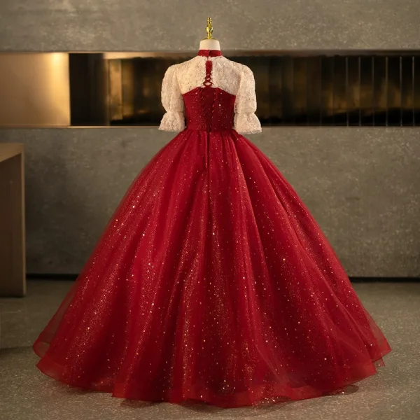 Bling Bling Burgundy Beading Pearl Sequins Flower Prom Dresses 2025 Ball Gown High Neck Short Sleeve Backless Floor-Length / Long Formal Dresses