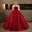 Bling Bling Burgundy Beading Pearl Sequins Flower Prom Dresses 2025 Ball Gown High Neck Short Sleeve Backless Floor-Length / Long Formal Dresses