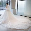Chic / Beautiful White Wedding Dresses 2018 Ball Gown Lace Embroidered Scoop Neck Backless Long Sleeve Royal Train Wedding