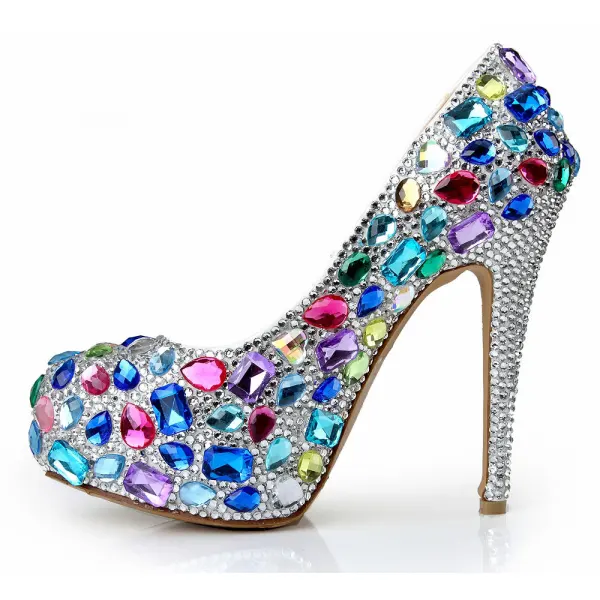 Chic / Belle Multi-Couleurs Soirée Escarpins 2020 Cuir Faux Diamant 14 cm Talons Aiguilles À Bout Rond Escarpins