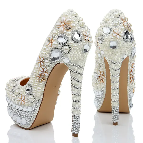 Charmant Ivory / Creme Brautschuhe 2020 Leder Perle Kristall Strass 15 cm Stilettos Runde Zeh Hochzeit Pumps
