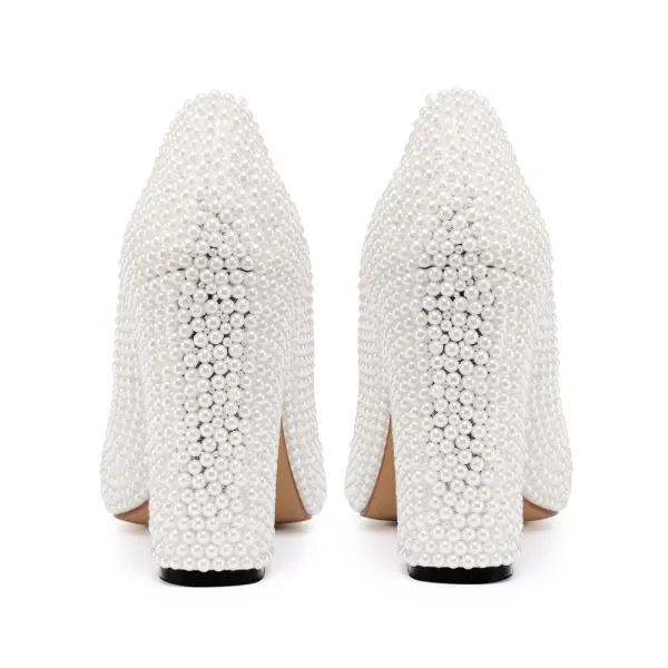 Fashion Ivory Pearl Wedding Shoes 2020 Leather 10 cm Thick Heels Pointed Toe Wedding Pumps