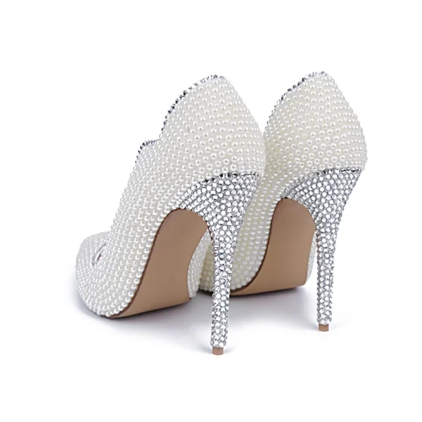 Charmant Ivoire Perle Chaussure De Mariée 2020 Cuir Faux Diamant 10 cm Talons Aiguilles À Bout Pointu Mariage Escarpins