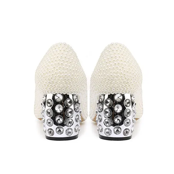 Mooie / Prachtige Ivoor Parel Bruidsschoenen 2020 Leer Rhinestone 6 cm Dikke Hak Spitse Neus Huwelijk Pumps