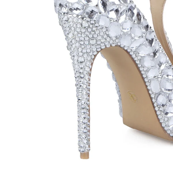 Charmant Silber Kristall Brautschuhe 2020 Leder Strass T-Riemen 11 cm Stilettos Hochzeit Spitzschuh Pumps