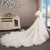 Elegant Champagne Wedding Dresses 2018 Ball Gown Lace Star Pearl Scoop Neck Backless Short Sleeve Royal Train Wedding
