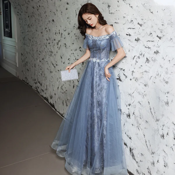 Charming Sky Blue Evening Dresses  Prom Dresses 2021 A-Line / Princess Off-The-Shoulder Glitter Sequins Short Sleeve Backless Floor-Length / Long Evening Party Prom Formal Dresses