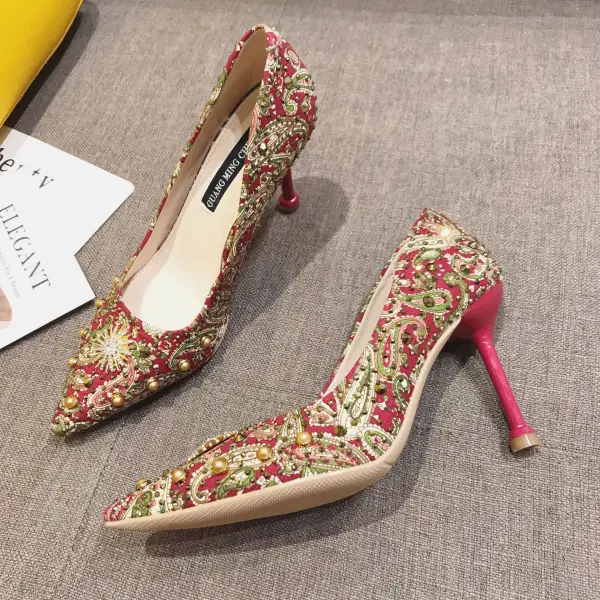 Traditional Fancy Red Evening Party Pumps 2020 Rivet Rhinestone 9 cm Stiletto Heels Pointed Toe Pumps