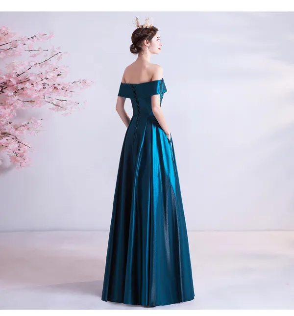 RSM66989 Blue Elegant Flowy Sexy Sling Evening Dress Pearl Beading Pattern  Design Frill Lace Backless Gradient Long Skirt - wedding dress