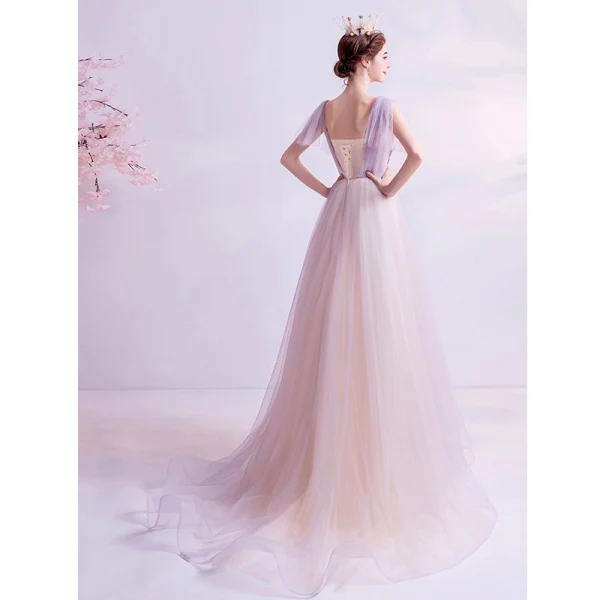 Elegant Purple Evening Dresses 2020 A-Line / Princess V-Neck Backless Pearl Crystal Sequins Lace Flower Short Sleeve Floor-Length / Long Formal Dresses