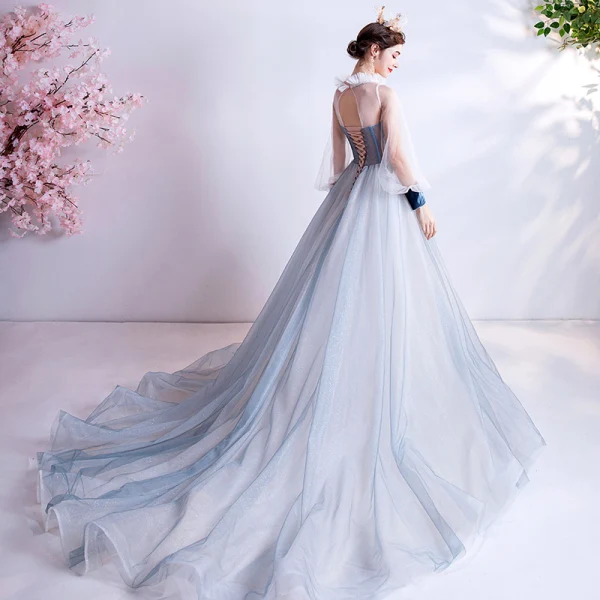 Vintage / Retro Flower Fairy Sky Blue Prom Dresses 2020 A-Line / Princess Ruffle High Neck Pearl Rhinestone Sequins Flower Lace Long Sleeve Backless Court Train Formal Dresses