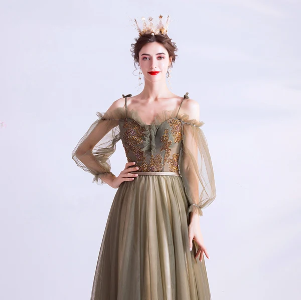 Vintage / Retro Clover Green Prom Dresses 2020 A-Line / Princess Spaghetti Straps Beading 3/4 Sleeve Backless Floor-Length / Long Formal Dresses