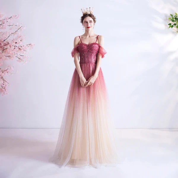 Charmant Rouge Dégradé De Couleur Robe De Soirée 2020 Princesse Bretelles Spaghetti Glitter Étoile Manches Courtes Dos Nu Longue Robe De Ceremonie