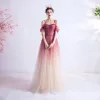 Charming Red Gradient-Color Evening Dresses  2020 A-Line / Princess Spaghetti Straps Glitter Star Short Sleeve Backless Floor-Length / Long Formal Dresses