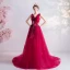 Chic Rouge Robe De Soirée 2020 Princesse V-Cou Perlage Appliques Noeud Sans Manches Dos Nu Tribunal Train Robe De Ceremonie