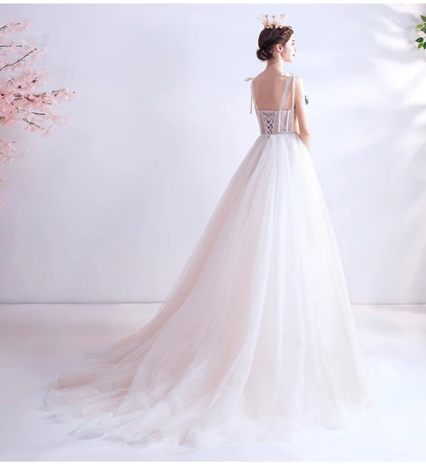 Flower Fairy Ivory Prom Dresses 2020 A-Line / Princess Spaghetti Straps Appliques Sleeveless Backless Sweep Train Formal Dresses