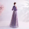 Charmant Lavendel Abendkleider 2020 A Linie Rundhalsausschnitt Glanz Perlenstickerei Pailletten Kristall Ärmellos Rückenfreies Lange Festliche Kleider