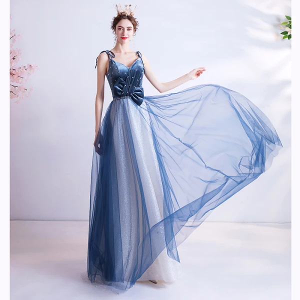 Chic / Belle Océan Bleu Robe De Soirée 2020 Princesse Bretelles Spaghetti Glitter Perlage Daim Sans Manches Dos Nu Longue Robe De Ceremonie