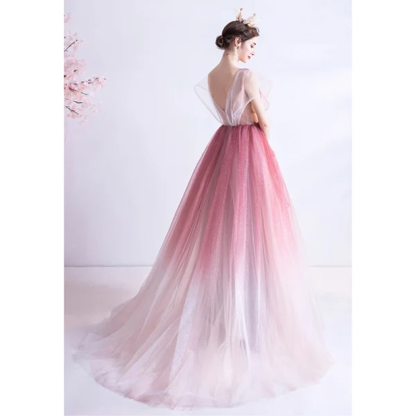 Fashion Candy Pink Gradient-Color Evening Dresses  2020 A-Line / Princess V-Neck Glitter Rhinestone Lace Flower Sleeveless Backless Sweep Train Formal Dresses