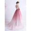 Fashion Candy Pink Gradient-Color Evening Dresses  2020 A-Line / Princess V-Neck Glitter Rhinestone Lace Flower Sleeveless Backless Sweep Train Formal Dresses