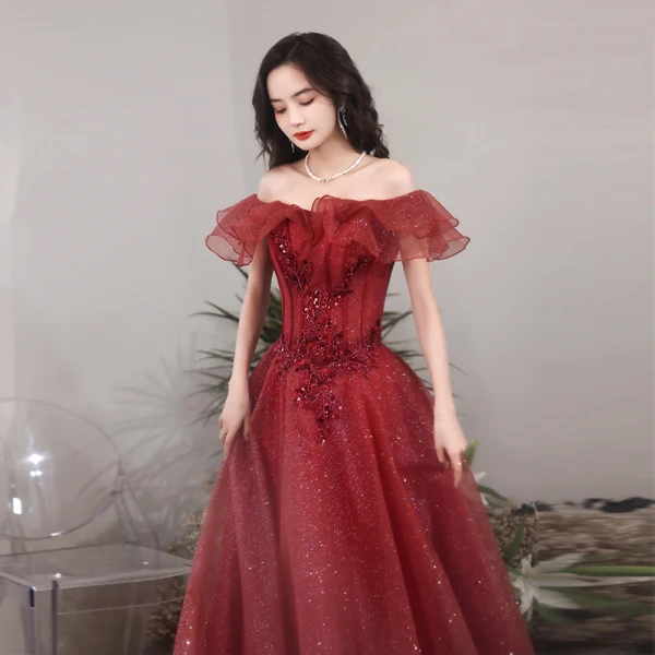 Chic / Beautiful Burgundy Glitter Evening Dresses  Prom Dresses 2021 A-Line / Princess Off-The-Shoulder Beading Sequins Short Sleeve Backless Floor-Length / Long Evening Party Prom Formal Dresses