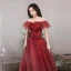 Chic / Beautiful Burgundy Glitter Evening Dresses  Prom Dresses 2021 A-Line / Princess Off-The-Shoulder Beading Sequins Short Sleeve Backless Floor-Length / Long Evening Party Prom Formal Dresses