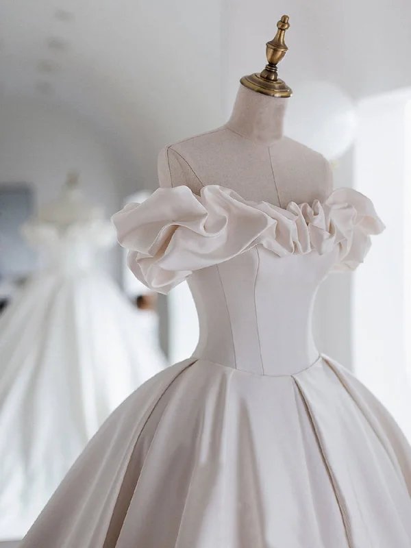 High-end Modest / Simple Ivory Satin Wedding Dresses 2021 Ball Gown Ruffle Off-The-Shoulder Short Sleeve Backless Royal Train Wedding