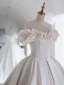 High-end Modest / Simple Ivory Satin Wedding Dresses 2021 Ball Gown Ruffle Off-The-Shoulder Short Sleeve Backless Royal Train Wedding
