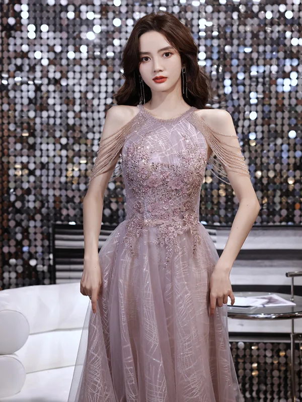 Charming Sexy Purple Beading Evening Dresses  Prom Dresses 2021 A-Line / Princess Scoop Neck Pearl Rhinestone Sequins Lace Flower Sleeveless Backless Floor-Length / Long Formal Dresses
