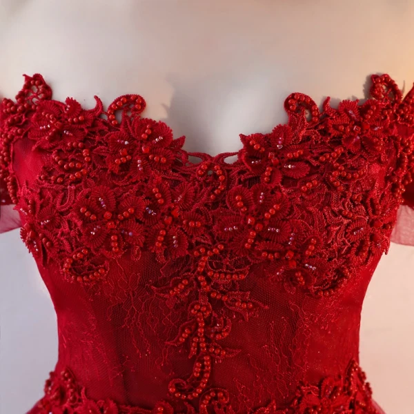 Chic / Beautiful Burgundy Prom Dresses 2018 A-Line / Princess Beading Crystal Lace Flower Off-The-Shoulder Backless Short Sleeve Floor-Length / Long Formal Dresses