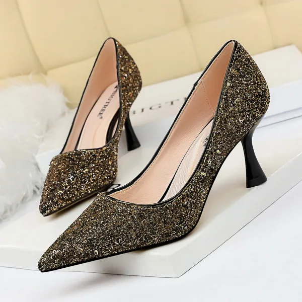 Sparkly Gold Glitter Evening Party Pumps 2020 Sequins 7 cm Stiletto Heels Pointed Toe Pumps