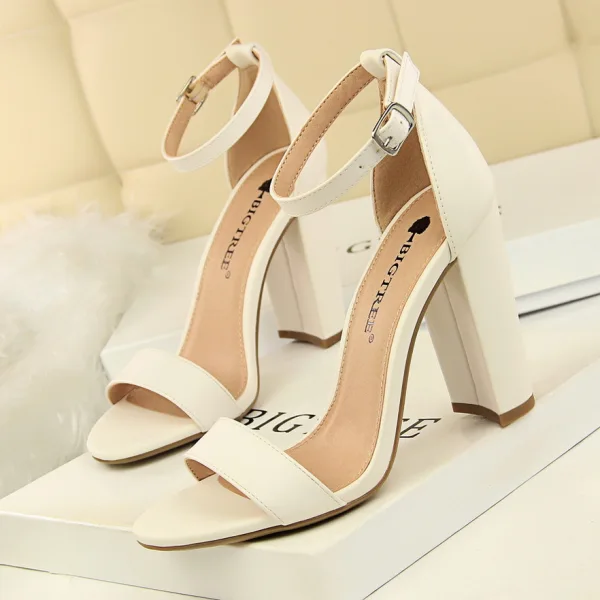 Erschwinglich Nude Freizeit Sandalen Damen 2020 Wildleder Knöchelriemen 9 cm Thick Heels Peeptoes Sandaletten