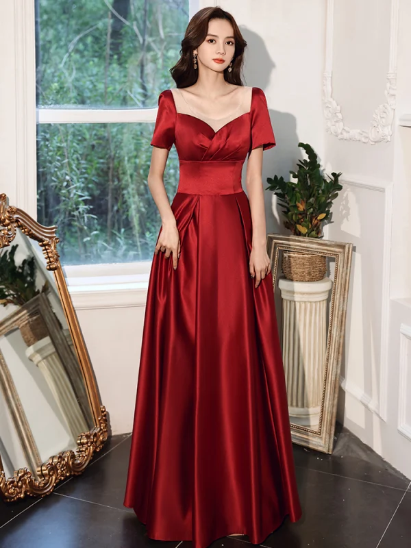 Elegant Burgundy Satin Evening Dresses  2021 A-Line / Princess Sash Scoop Neck Short Sleeve Backless Tea-length Evening Party Formal Dresses