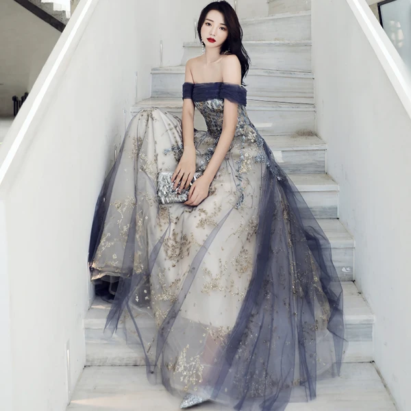 Elegante Meeresblau Abendkleider 2021 A Linie Off Shoulder Perlenstickerei Pailletten Ärmellos Rückenfreies Lange Festliche Kleider
