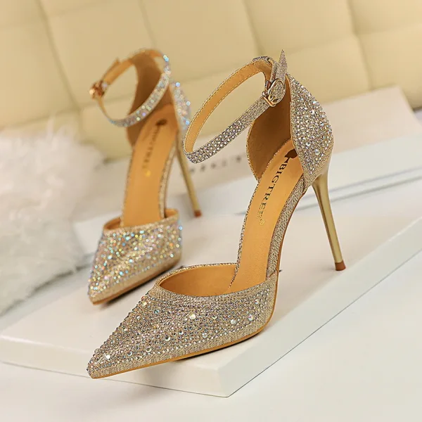 Charmant Rougissant Rose Soirée Faux Diamant Chaussures Femmes 2020 Perlage Bride Cheville 10 cm Talons Aiguilles À Bout Pointu Talons