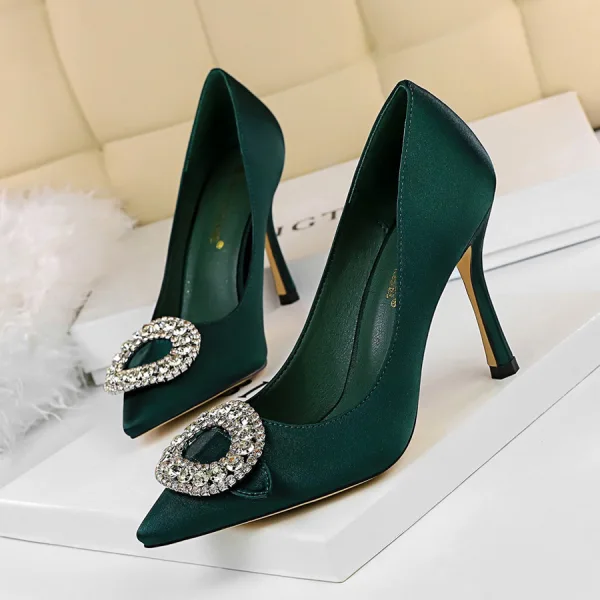 Elegant Black Satin Prom Pumps 2020 9 cm Stiletto Heels Pointed Toe Pumps Rhinestone