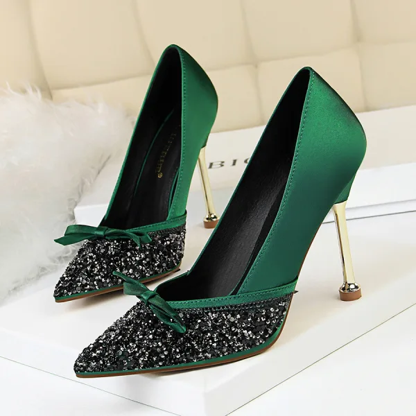 Mode Gris Soirée Escarpins 2020 Noeud Faux Diamant Paillettes 10 cm Talons Aiguilles À Bout Pointu Escarpins