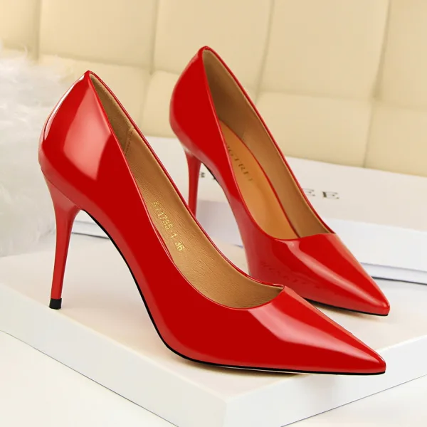 Proste / Simple Czarne Biuro OL Buty Damskie 2020 Skóry Lakierowanej 9 cm Szpilki Szpiczaste Czółenka