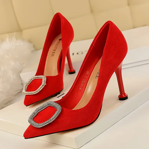 Chic / Belle Noire Promo Daim Escarpins 2020 Faux Diamant 9 cm Talons Aiguilles À Bout Pointu Escarpins