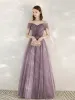 Classy Purple Prom Dresses 2020 A-Line / Princess V-Neck Rhinestone Sequins Sleeveless Backless Floor-Length / Long Formal Dresses