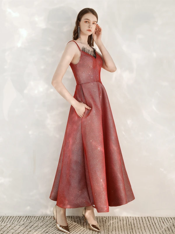 Scintillantes Glitter Rouge Robe De Bal 2020 Princesse Bretelles Spaghetti Sans Manches Dos Nu Longue Robe De Ceremonie