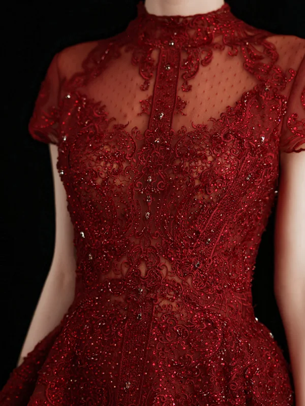 Chinese style Burgundy Prom Dresses 2021 A-Line / Princess High Neck Beading Crystal Rhinestone Lace Flower Short Sleeve Tea-length Formal Dresses