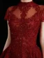 Chinese style Burgundy Prom Dresses 2021 A-Line / Princess High Neck Beading Crystal Rhinestone Lace Flower Short Sleeve Tea-length Formal Dresses