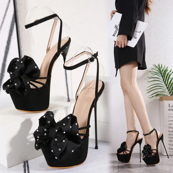Sexy Noire Club de carnaval Faux Diamant Noeud Sandales Femme 2021 16 cm Talons Aiguilles Bride Cheville Peep Toes / Bout Ouvert Sandales Talons Hauts