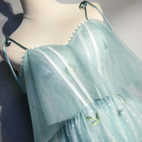 Élégant Bleu Robe De Soirée 2018 Princesse Appliques Noeud Bretelles Spaghetti Dos Nu Sans Manches Train De Balayage Robe De Ceremonie