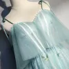 Elegant Pool Blue Evening Dresses  2018 A-Line / Princess Appliques Bow Spaghetti Straps Backless Sleeveless Sweep Train Formal Dresses