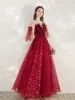 Sparkly Burgundy Evening Dresses  2020 A-Line / Princess Off-The-Shoulder Glitter Star Sequins 1/2 Sleeves Backless Floor-Length / Long Formal Dresses